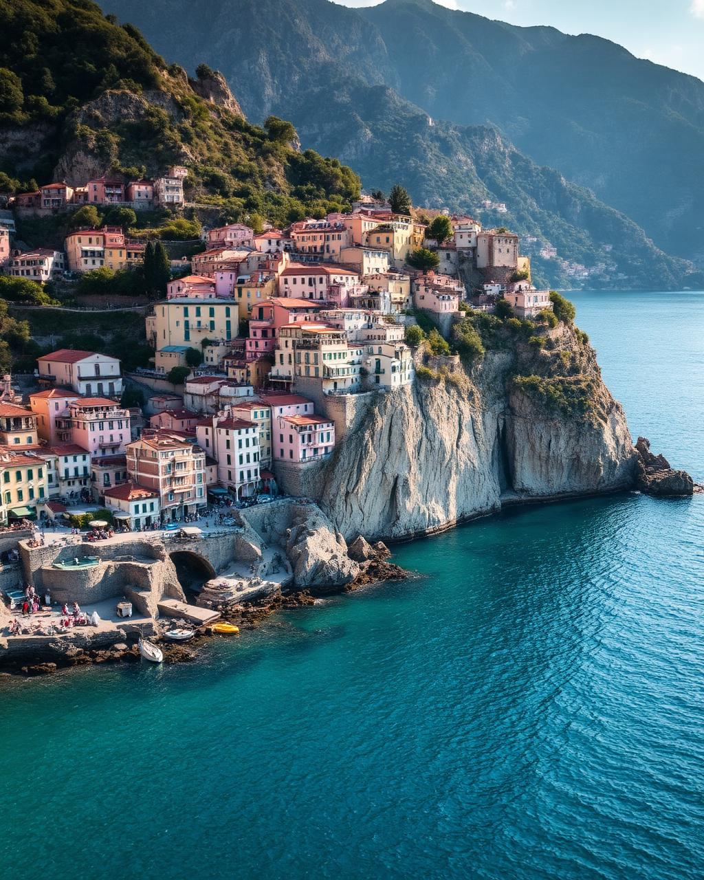 Amalfi Coast cliffside village over turquoise Mediterranean water