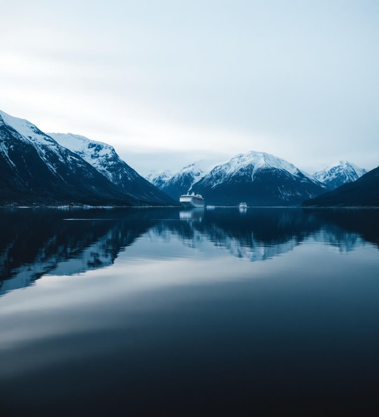 Cruise ship sailing through calm Alaskan fjords with snow-capped mountains